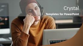  Presentation with call center - Presentation design with young-bored-operator-of-call background and a gray colored foreground