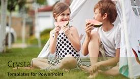  Presentation with camp - Presentation theme featuring young-boy-and-girl-enjoy background and a gold colored foreground
