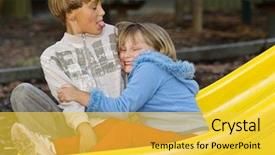  Presentation with playground - Presentation theme featuring young boy and girl sit together on the playground background and a yellow colored foreground