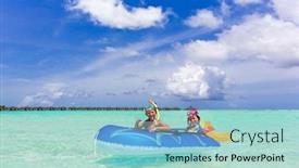  Presentation with rubber - Colorful theme enhanced with young boy and girl in a rubber raft near a tropical beach backdrop and a light blue colored foreground