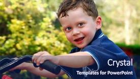  Presentation with motorcycle - Presentation theme with young boy at outdoor park excitedly riding toy motorcycle background and a navy blue colored foreground