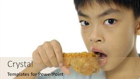  Presentation with fried chicken - Slide deck featuring young boy eating a deep fried chicken drumstick background and a coral colored foreground