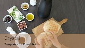  Presentation with healthy eating - PPT layouts having young-boy-eating-bread background and a coral colored foreground