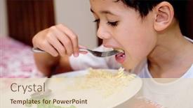  Presentation with peas - PPT theme having young boy enjoying a plate of pasta with cheese and peas background and a lemonade colored foreground