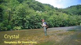  Presentation with water river - PPT theme enhanced with young-boy-fly-fishing background and a tawny brown colored foreground