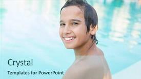  Presentation with activity - PPT layouts having young boy kid child splashing in swimming pool having fun leisure activity background and a cool aqua colored foreground