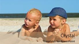  Presentation with sand - Cool new presentation design with young boy lying on the sea sand and looking on something interesting backdrop and a coral colored foreground