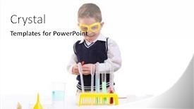  Presentation with chemistry - Presentation having young boy performing chemistry experiments with different liquids background and a white colored foreground
