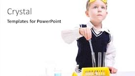  Presentation with chemistry - Slide deck consisting of young boy performing chemistry experiments with different liquids background and a white colored foreground