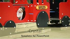  Presentation with hide - Colorful PPT layouts enhanced with young boy plays hide and seek in a wooden playground train backdrop and a mint green colored foreground