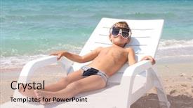  Presentation with relaxing - Amazing slides having young-boy-relaxing-on-beach backdrop and a coral colored foreground