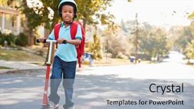  Presentation with school - Beautiful presentation design featuring young boy riding scooter along backdrop and a light blue colored foreground