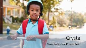  Presentation with electric scooter graph - Presentation theme with young boy riding scooter along background and a light blue colored foreground