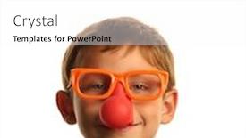  Presentation with clown - Presentation design enhanced with young boy smiles while wearing funny clown nose glasses isolated on white background and a white colored foreground