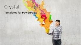  Presentation with paint bucket - Audience pleasing PPT theme consisting of young boy splashing colorful paint from bucket backdrop and a soft green colored foreground