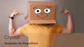  Presentation with cardboard art sculpture - Amazing PPT theme having young boy standing and gesturing with a cardboard box on his head backdrop and a coral colored foreground