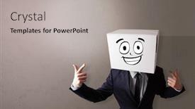  Presentation with cardboard art sculpture - Amazing slides having young boy standing and gesturing with a cardboard box on his head backdrop and a light gray colored foreground