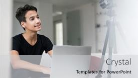  Presentation with equipment - PPT theme having young-boy-talking-online-using background and a light gray colored foreground
