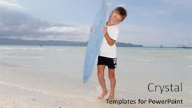  Presentation with sea - Slide deck featuring young-boy-with-skim-board background and a soft green colored foreground