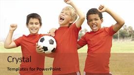  Presentation with football - Amazing PPT theme having young boys in football team backdrop and a red colored foreground