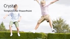  Presentation with young athletes box jumping - Presentation theme enhanced with young boys jumping on trampoline background and a sky blue colored foreground