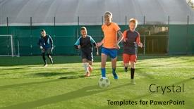  Presentation with school sport - PPT theme with young-boys-playing-soccer-game background and a gold colored foreground
