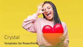  Presentation with american heart - PPT layouts consisting of young braided hair african american girl holding read heart over isolated background with happy face smiling doing ok sign with hand on eye looking through fingers background and a yellow colored foreground