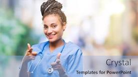 Presentation with american energy - Audience pleasing slides consisting of young braided hair african american girl professional surgeon over isolated background pointing fingers to camera with happy and funny face good energy and vibes backdrop and a light blue colored foreground