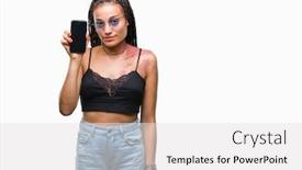  Presentation with knitting african american - Beautiful slide deck featuring young braided hair african american with birth mark showing smartphone screen over isolated background with a confident expression on smart face thinking serious backdrop and a white colored foreground