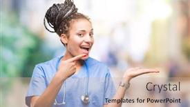  Presentation with hand surgeon - PPT layouts with young braided hair african american girl professional surgeon over isolated background amazed and smiling to the camera while presenting with hand and pointing with finger background and a soft green colored foreground