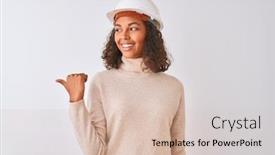  Presentation with architect - PPT theme enhanced with young brazilian architect woman wearing security helmet over isolated white background smiling with happy face looking and pointing to the side with thumb up background and a soft green colored foreground