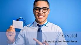  Presentation with identification card - PPT layouts consisting of young-brazilian-call-center-agent background and a light blue colored foreground