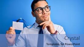  Presentation with identification card - PPT theme enhanced with young-brazilian-call-center-agent background and a light blue colored foreground