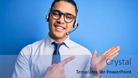  Presentation with call center - Beautiful slides featuring young-brazilian-call-center-agent backdrop and a light blue colored foreground