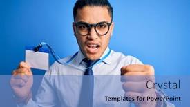  Presentation with identification card - Slide deck enhanced with young-brazilian-call-center-agent background and a light blue colored foreground