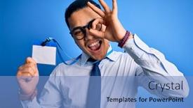  Presentation with identification card - Slide set consisting of young-brazilian-call-center-agent background and a teal colored foreground