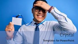  Presentation with identification card - PPT theme enhanced with young-brazilian-call-center-agent background and a teal colored foreground