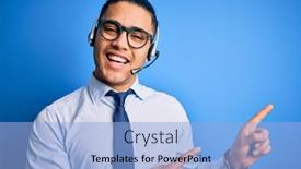  Presentation with call center - Colorful presentation theme enhanced with young-brazilian-call-center-agent backdrop and a light blue colored foreground