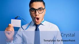  Presentation with identification card - Amazing PPT layouts having young-brazilian-call-center-agent backdrop and a light blue colored foreground