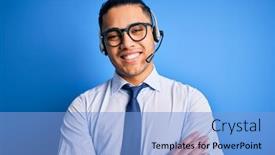  Presentation with call center - Cool new presentation theme with young-brazilian-call-center-agent backdrop and a light blue colored foreground