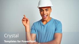  Presentation with camera security - Slide set with young-brazilian-engineer-man-wearing background and a teal colored foreground