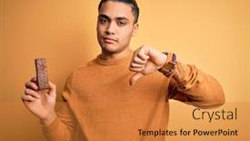  Presentation with energy bar - Presentation theme with young-brazilian-man-eating-healthy background and a gold colored foreground