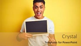  Presentation with young man on the phone - Amazing presentation design having young-brazilian-man-holding-blackboard backdrop and a yellow colored foreground