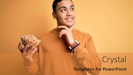  Presentation with salty - Beautiful PPT layouts featuring young-brazilian-man-holding-bowl backdrop and a gold colored foreground