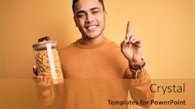  Presentation with macaroni - Slides having young-brazilian-man-holding-jar background and a gold colored foreground