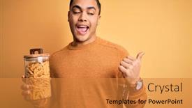  Presentation with macaroni - Colorful PPT theme enhanced with young-brazilian-man-holding-jar backdrop and a gold colored foreground