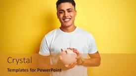  Presentation with piggy bank - Presentation design featuring young-brazilian-man-holding-piggy background and a gold colored foreground