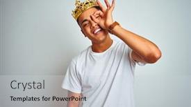  Presentation with king crown - Audience pleasing slide deck consisting of young brazilian man wearing king crown standing over isolated white background doing ok gesture with hand smiling eye looking through fingers with happy face backdrop and a lemonade colored foreground
