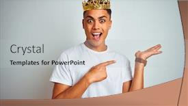  Presentation with king crown - Presentation theme featuring young brazilian man wearing king crown standing over isolated white background amazed and smiling to the camera while presenting with hand and pointing with finger background and a light gray colored foreground