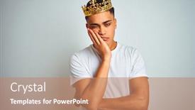  Presentation with king crown - Presentation featuring young brazilian man wearing king crown standing over isolated white background thinking looking tired and bored with depression problems with crossed arms background and a coral colored foreground